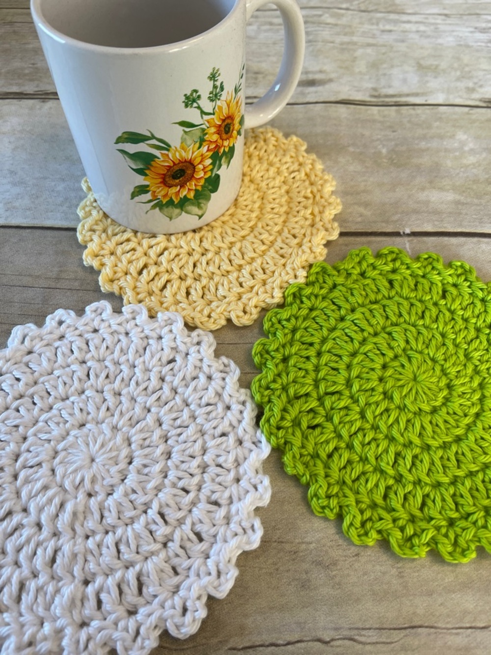 Set of Three Crochet Spring/Easter Colors Small Coaster/Doilies 5 1/2 In.